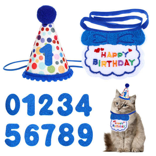 Cute Cat Birthday Scarf Hat Set, Cat Birthday Outfit, Small Dog Birth Day Party Hat, Puppy Birth Day Bib, Small Pet Embroidered Bandana