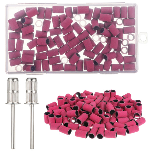100Pcs Sanding Bands for Nail Drill, Small Sanding Bands 180 Grit Sandings Band Sandings Band with 1Pcs 3/32'' Nail Drill Bits for Acrylic Nails Gel Manicures, Pink Including an Organizer