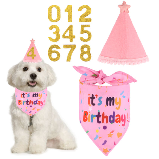 Dog Birthday Decorations, Adjustable Dog Hats with Glitter Numbers Dog Birthday Party Hat Dog Puppy Birthday Girl Bandanas Hat Set for Small Medium Large Girl Dogs Cats Birthday Party Supplies, Pink