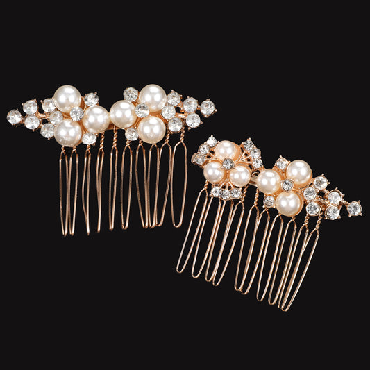 2 Pcs Pearl Wedding Hair Comb, Bridal Pearl Hairs Combs Bridal Hair Accessories Fancy Wedding Hairs Accessories Rhinestone for Women and Brides and Her Bridesmaids (Gold)