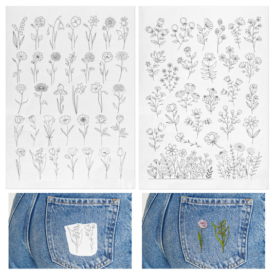 Water Soluble Embroidery Stabilizer, 2 Sheet Stick Stitch Embroiderys Transfer Paper Embroiderys Paper Tear Away Embroidery Stabilizers with Flower Patterns for Flower Frame,Hand Sewing Crafts