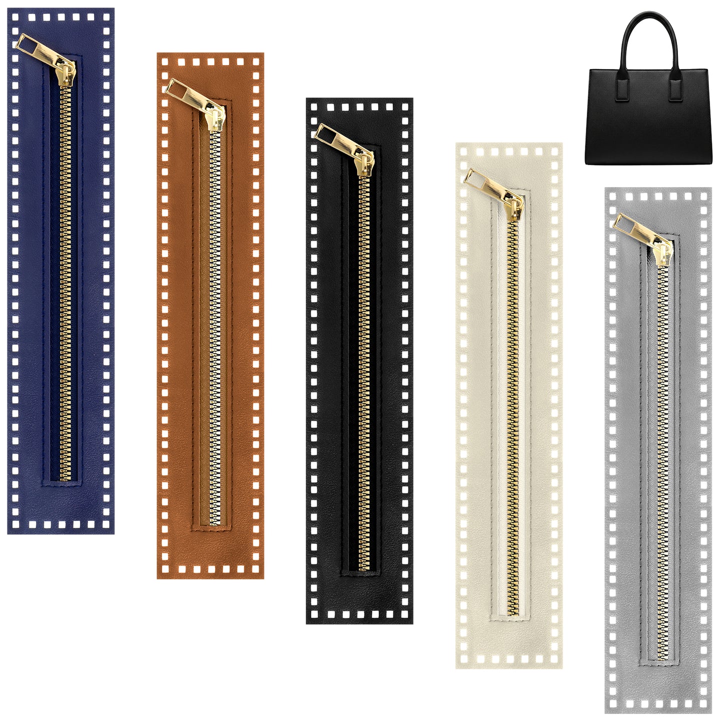 5 Pcs PU Leather Crochet Zipper 10.6 Inch Leather Sewing Zipper with Holes 5 Colors Handmade Bag Zippers Leathers Frame Bulk Metal Fastener for DIY Purse Handbag Sewing Handicraft Accessories