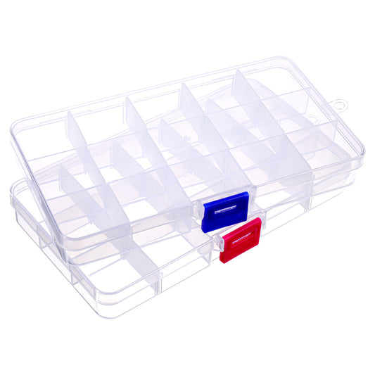 Qulkws 2Pcs Jewellery Storage Box, Compartment Storage Boxes with Removable Divider Plastic Organiser Box for Bead Jewelry Accessories DIY Crafts Earrings Small Items Small Items (15 Grids)
