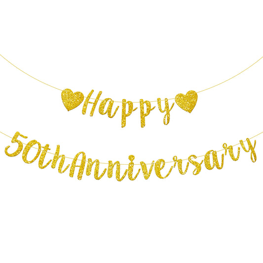Happy 50th Anniversary Banner Pre-Strung Happy Anniversary Banner, 50th Wedding Anniversary 50th Birthday 50 Years Loved Party Decorations Pre-Strung Fifty Celebration Party Gold Glitter Hanging Sign