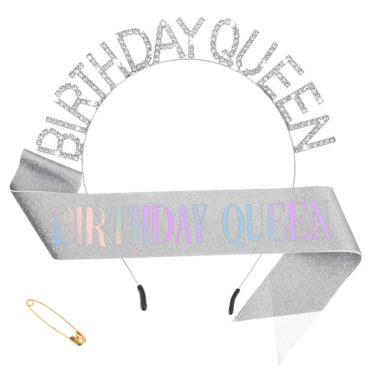 KALIONE Birthday Crown for Women, Birthday Sash Birthday Queen Birthday Tiaras for Women, Silver Birthday Sash and Crown, Rhinestone Glitter Headband Set Happy Birthday Decor Accessories