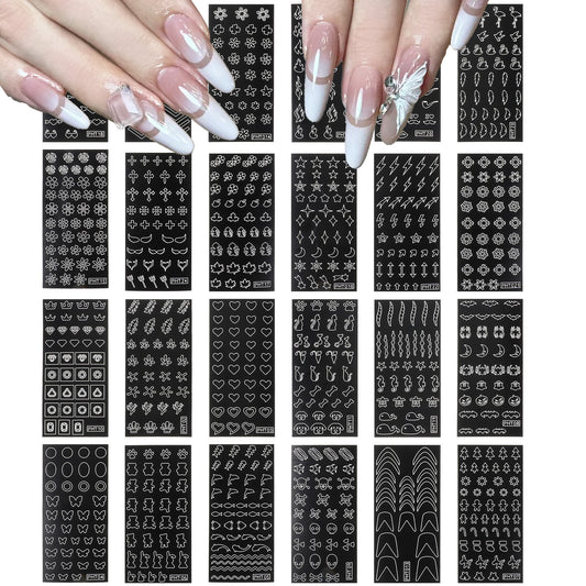 24 Sheets Airbrush Stencils Nail Stickers Heart Star Flowers Butterfly Flame Nail Art Stickers French Nail Decals Printing Template Hollow Design Self-Adhesive Nail Guide Supplies for Nail Art