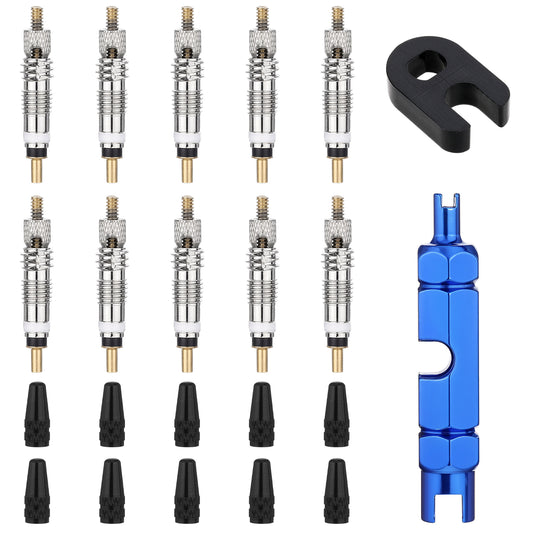 22PCS Valve Core Kits, Tubeless Valve Core Bike Bicycle Replacement Kits with 2 Plastic & Alloy Valve Core Remover Dismantle Removal Tools 10 Valve Stem Core Caps for Tubeless Road MTB Bike Tires
