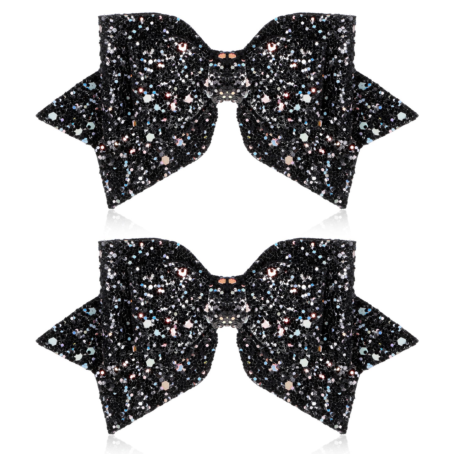 2 Pcs Black Hair Bow Clips, 5 Inch Glitter Black Hair Bows for Girls Sparkly Double Bowed Accessories Glitter Sequin Boutique Head Clip Delicate Satin Headwear Set for Birthday Wedding Party