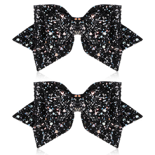 2 Pcs Black Hair Bow Clips, 5 Inch Glitter Black Hair Bows for Girls Sparkly Double Bowed Accessories Glitter Sequin Boutique Head Clip Delicate Satin Headwear Set for Birthday Wedding Party