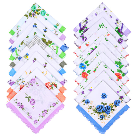 Lyksgir 20 PACK Women Soft Pocket Handkerchiefs, Cotton Ladies' Vintage Floral Handkerchiefs, Embroidery Women Cotton Handkerchief