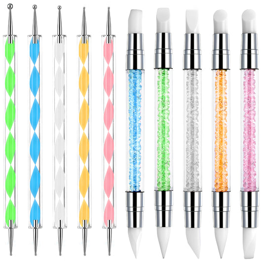 8Pcs Nail Art Brush Set, 4 Pcs Dual-Tipped Silicone Nail Art Pens, 4 Pcs Dual-Ended Dotting Tools, Nail-Art Sculpture Pen, Acrylic Handle, Silicone Nails Tool for Design, Carving, Drawing (Multicolor）