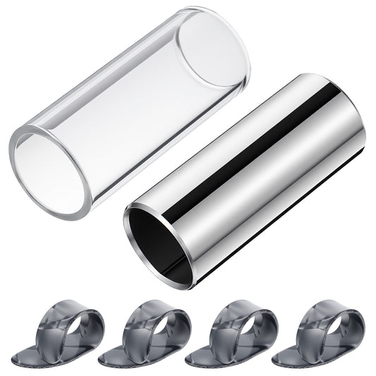 Guitar Slides Set of 1 Glass Slide 1 Steel Slide and 4 Finger Picks for Electric and Acoustic