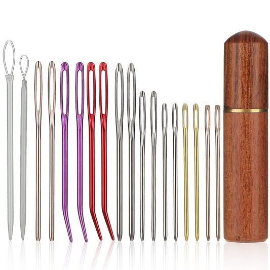 19pcs Large Eye Sewing Needles Kit, Colorful Big Eye Embroidery Needles Stainless Steel Large-Eye Blunt Needles and Bent Tapestry Needles Hand Knitting Needles with Wooden Case for Crochet Project