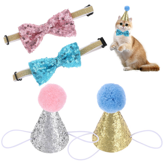 4 Pieces Cat Birthday Hat and Bowtie, Reusable Dog Party Hats Shinny Cat Hats Mini Party Hats Cute Puppy Hat with Pom Poms Adjustable Headbands Topper Birthday Hats Collars for Cats Small Medium Dogs