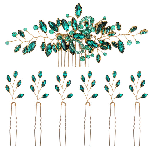 7 Pieces Green Crystal Bride Wedding Hair Side Comb Crystal Wedding Hair Pins Rhinestone U-shaped Hair Pins Headpieces for Brides Bridesmaids Women Girls (Emerald Green)
