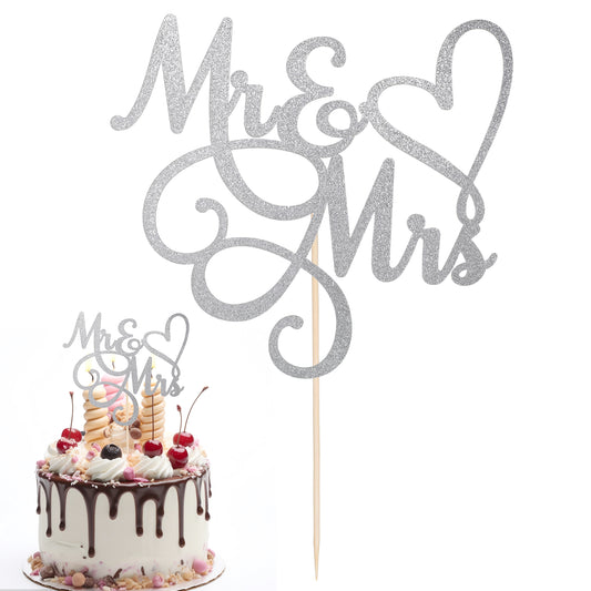 Mr and Mrs Cake Topper Bride and Groom Sign Personalised Topper Wedding Cake Toppers Silver Glitter Theme Party Supplies Letter Decorations for Wedding Engaged Anniversary
