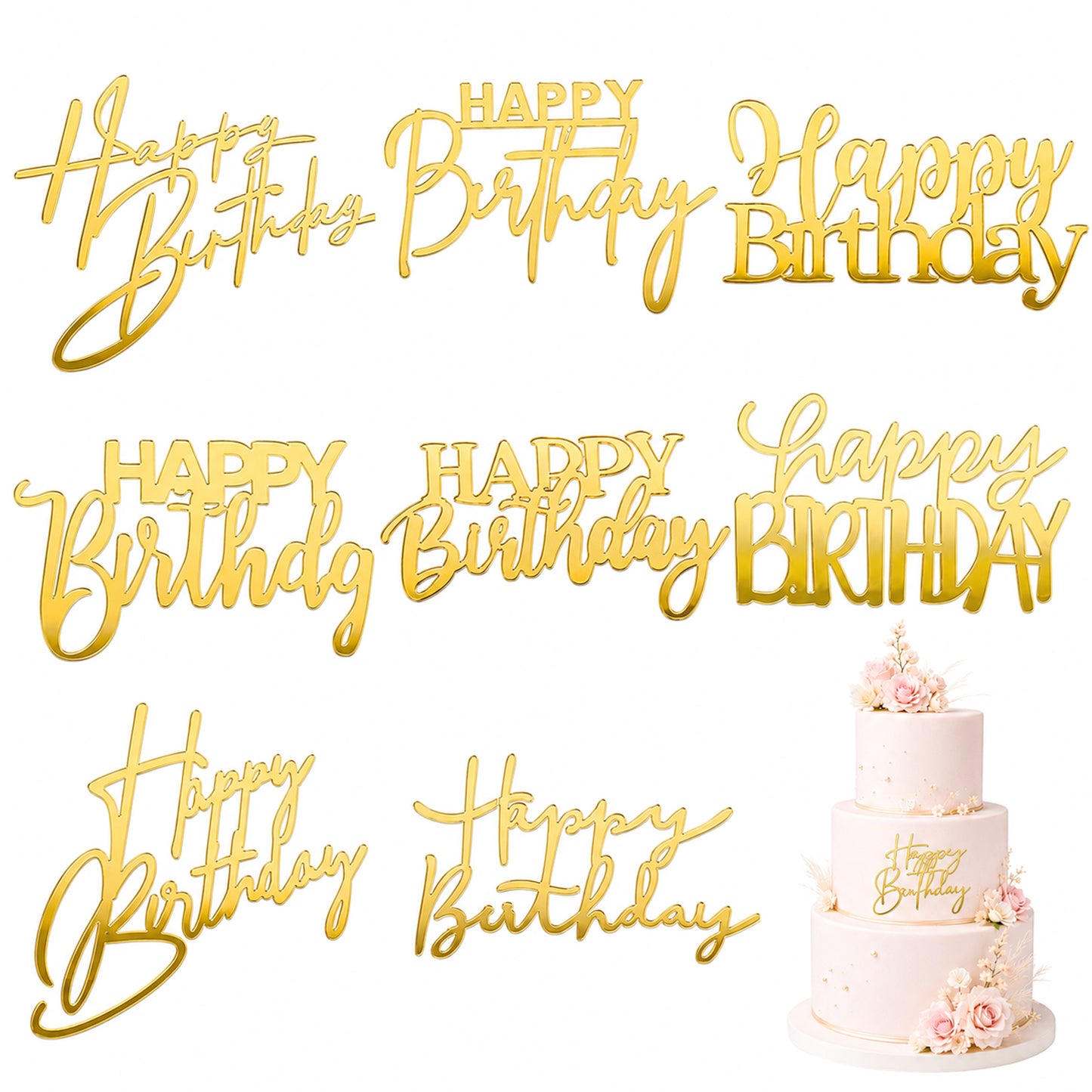 8 PCS Gold Happy Birthday Cake Toppers Acrylic Cake Topper Happy Birthday Sign for Cakes Decorations Cupcake Toppers Party Supplies DIY Cakes Decor