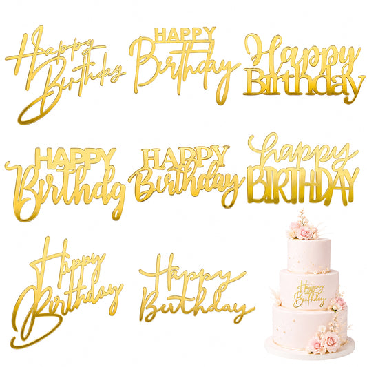 8 PCS Gold Happy Birthday Cake Toppers Acrylic Cake Topper Happy Birthday Sign for Cakes Decorations Cupcake Toppers Party Supplies DIY Cakes Decor