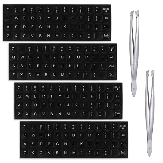 English Keyboard Stickers, 4Pcs Universal Laptop Keyboard Stickers Keyboard Letter Replacement Stickers Matte Black Background and White Lettering Stickers with 2 Tweezers for Computer Laptop Desktop
