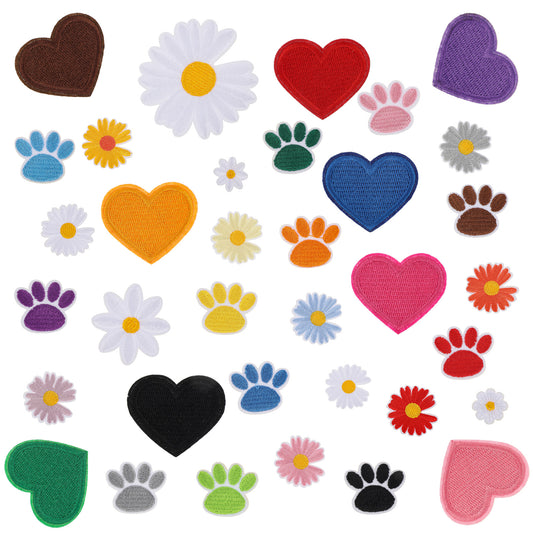 70Pcs Small Iron On Patches Flower Applique Patch Mini Embroidery Decoration Patches for Clothing Heart Iron on Patches Sew-on Paw Print Iron on Patch for Bags Jackets Jeans DIY, Colorful
