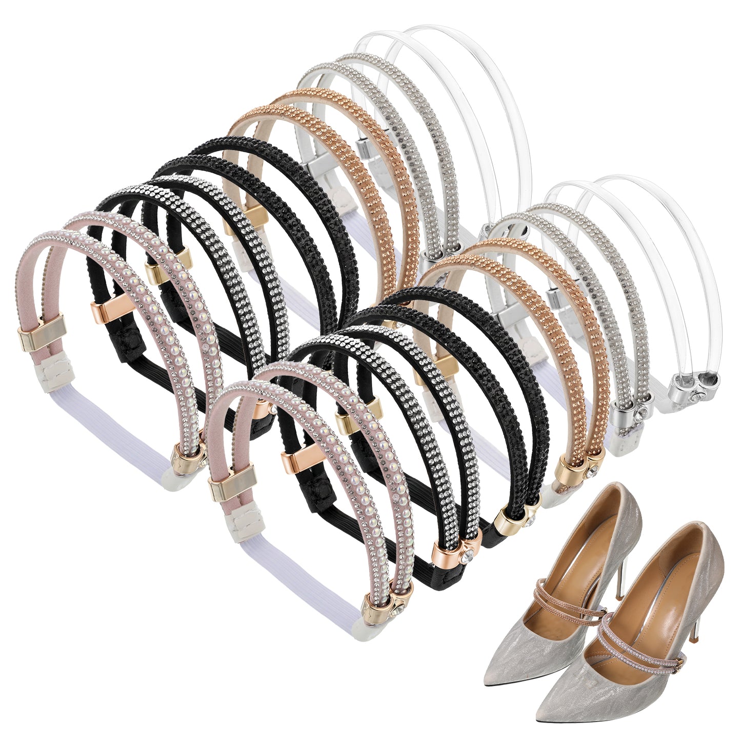 Xosjska 6 Pairs Shoe Straps for Heels, Adjustable Rhinestone Shoe Lace Elastic High Heels Shoes Strap Extender Detachable Shoes Belt Replacement Ankle Straps for Heel Daily Wear Office Weddings
