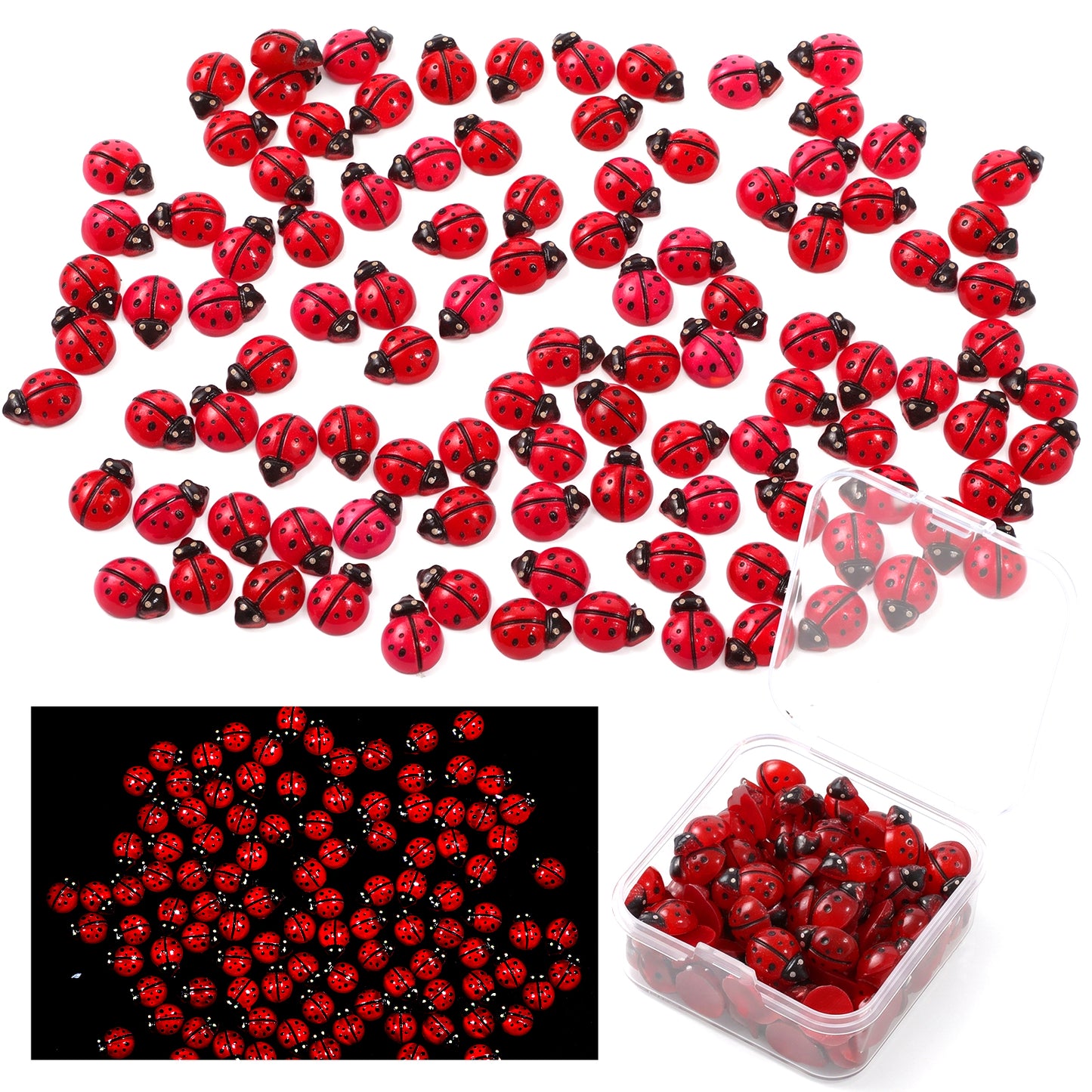 Viliqiou 100 PCS Mini Resin Ladybug Miniature Figurines Luminous with Box