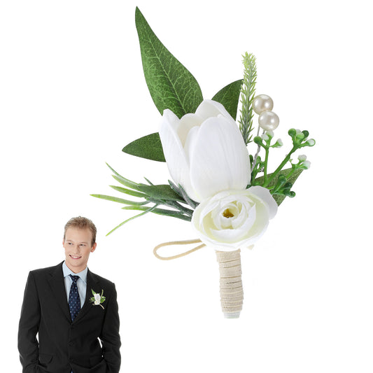 White Boutonniere for Men Wedding Flower Boutonniere Groom Rose Buttonholes Prom Suit Decoration Artificial Tulip Rose Flowers Boutonnieres for Wedding Prom Ceremony Anniversary Formal Dinner Party