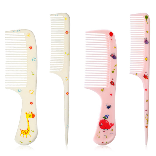 Cute Hair Comb Set, 4 Pcs Toddler Hair Brush Plastic Fine Tooth Rat Tail Combs Detangling Hair Comb for Women Girls All Hair Types Long Short Wet Dry Curly Straight Hair (Yellow, Pink)