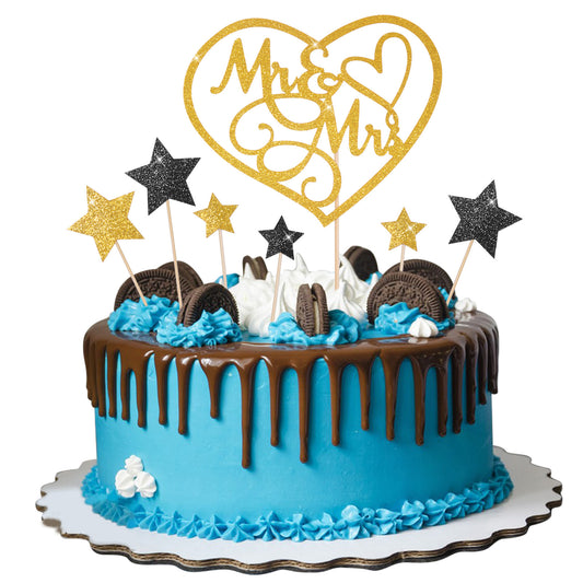 Paper Mr & Mrs Cake Topper, 7PCS Gold and Black Glitter Mr & Mrs Cake Topper, Gold Glitter Love Cakes Decorations, Engagement Cakes Toppers Decorations for Wedding, Engagement, Wedding Anniversary