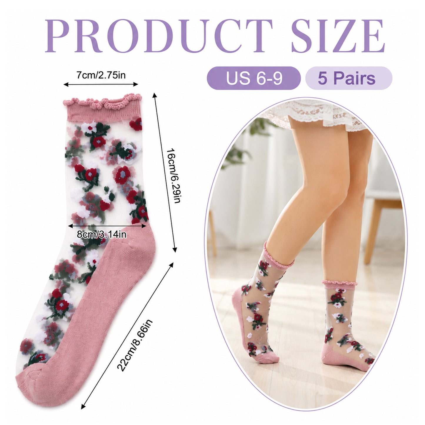 SynHHergyx Floral Womens Sheer Socks, 5 Pairs Sock Candy Sheer Socks Summer Thin Mesh Lace Elastic Jacquard Glass Sock Elastic See Through Socks
