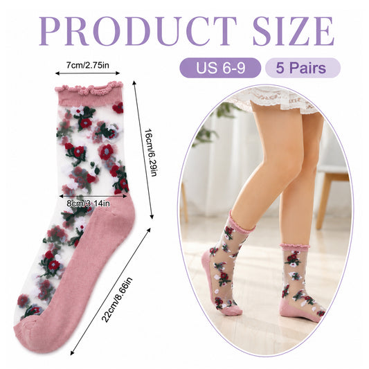 SynHHergyx Floral Womens Sheer Socks, 5 Pairs Sock Candy Sheer Socks Summer Thin Mesh Lace Elastic Jacquard Glass Sock Elastic See Through Socks
