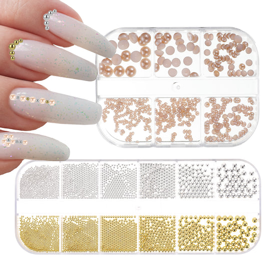 Nail Art Pearls Flatback Pearl, Steel Metal Gold Nail Balls Nail Charms, Half Round Nail Pearls, Nail Supplies Accessories, Nail Charms and Gems for DIY Nail Art Decoration