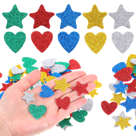 300Pcs Colorful Glitter Foam Stickers Foam Glitter Heart Stickers Colorful Mini Heart Stars Shapes Self Adhesive Sticker Arts Craft Supplies Scrapbooking DIY Greeting Cards Home Decoration