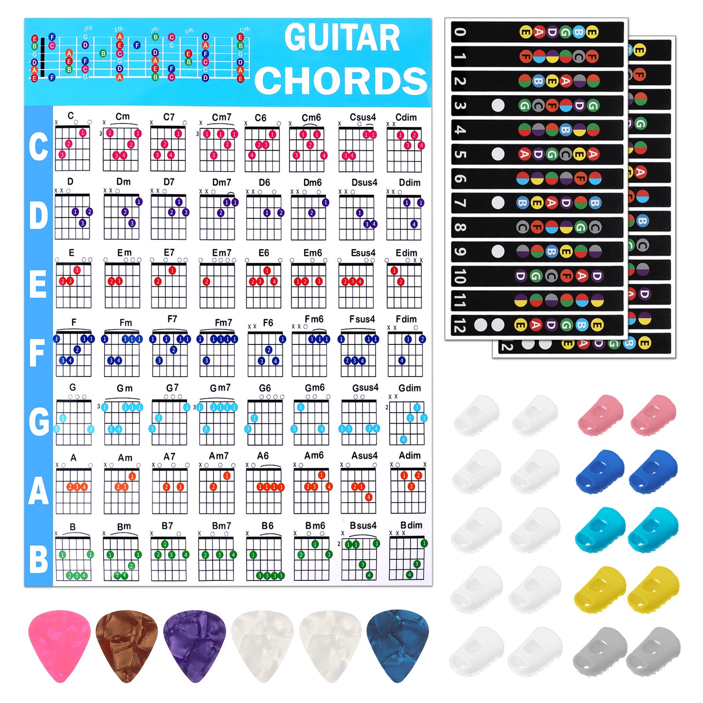 20 Pcs Guitar Fingertip Protectors Silicone Covers Caps Finger Guards with 2 Pcs Note Stickers, 1 Pc Chord Chart and 6pcs Guitar Picks Helper for Beginners