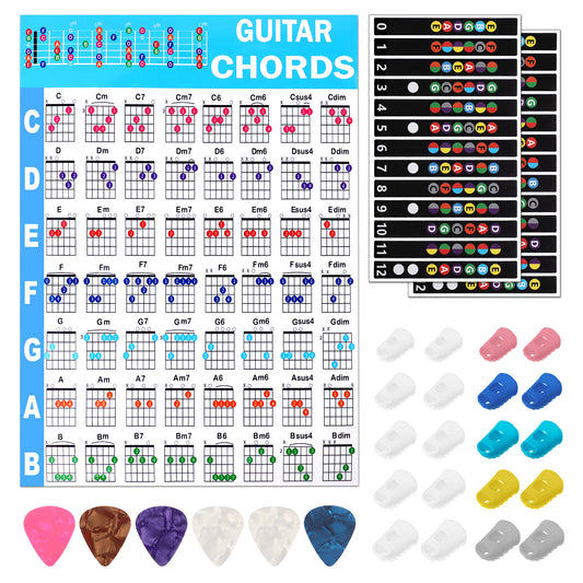 20 Pcs Guitar Fingertip Protectors Silicone Covers Caps Finger Guards with 2 Pcs Note Stickers, 1 Pc Chord Chart and 6pcs Guitar Picks Helper for Beginners