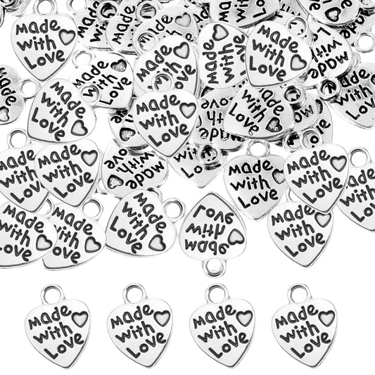 100pcs Heart Shape Charms, Flat Heart Charm, Made with Love Charms, Alloy Word Message Charms, Handmade Metal Labels Printed Made with Love Tag Labels, Tiny Love Pendant for Jewelry Making(Silver)