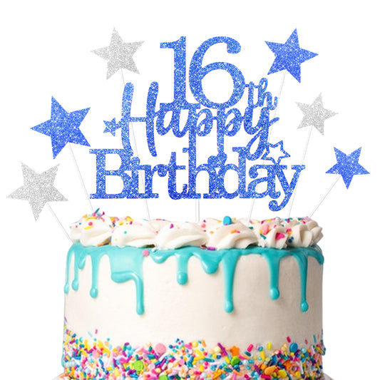 16th Birthday Cake Topper 16th Cake Topper 16 Glitter Cake Topper, Teenager Birthday Cake Pick 16 Years Old Blue Topper for Cake, 16 Happy Birthday Party Decoration Supplies(7 Pcs/Set)