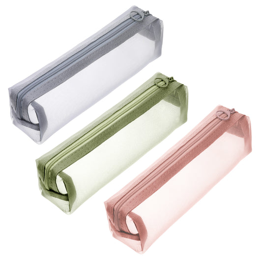 3 Pack Mesh Makeup Brush Bag, Portable Travel Cosmetic Pouches Multifunctional Clear Pencil Case Organizer Stationery Storage Bag, Small Makeup Pouch with Zipper for Makeups Brushes, Colorful