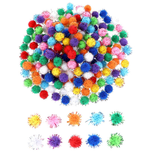 200 Pcs Craft Pom Pom Balls 0.6 Inch Glitter Tinsel Pom Poms Multicolor Pompoms Sparkle Pompom Puff Balls Colored Soft Pom Poms Arts Sparkle Balls for Crafts DIY Creative Crafts Decorations