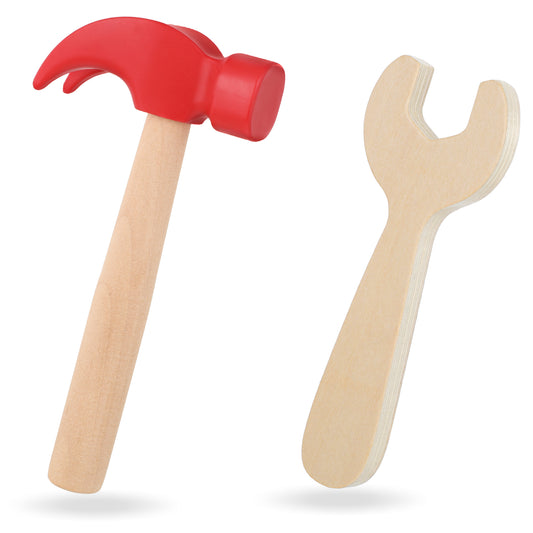 2 PCS Toy Hammer Wooden Hammer Toys, 1 Simulation Hammers and 1 Small Wooden Wrench Maintenance Tools for Kids Children, Plastic Hammer for Education School Gift Birthday Party Games Supplies
