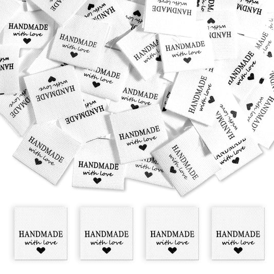 Sewing Labels for Handmade Items, 100 Pieces Handmade with Love Clothing Labels Tags Personalized Embossed Crochet Fabric Tags for Clothes, Crochet, Knitting, Sewing Projects and DIY Crafts, Beige