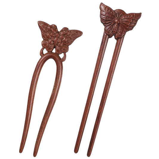 2 Pack Wooden Hair Sticks for Women, French Hair Pin Handmade Butterfly Wood Hair Forks Vintage Handmade Carved French Hairpin with 2 Prongs for Women Girls Bun Long Thick Hairs (Brown)