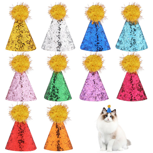 Mini Party Hats for Stuffed Animals, 10 PCS Dinosaur Party Hats Adjustable Tiny Party Hat Glitter Stuffed Animal Party Hats Mini Birthday Hats with Pom Pom for Toy Animals Figures Birthday Decorations