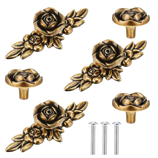 Xelsluthe 3 Pack Euro Rose Cabinet Knobs with Plate Vintage Zinc Alloy Flower Drawer Pull Handles Classic Bronze Cabinet Pulls and Knobs for Dresser Nightstand Cupboard