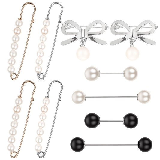 10Pcs Brooch Pins for Women, 3 Types Decorative Safety Pins Gold Silver Pearl Brooch for Sweater Shirt Skirts Dresses