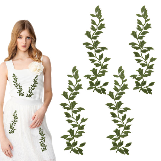 4 Pack Long Leaves Patch 9 Inch Ivy Leaf Iron on Patches Lace Forest Leaves Vine Patches Leaf Sewing Embroidery Applique Decorative Sew on Patches for Clothing Bags Shirt Dress Curtain Embellishments