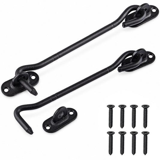 2 PCS Gate Hook, 8 Inch Gate Latches, Heavy Duty Black-Gate Hook and Eye Latch for Barn Door, Cabinet, Window, Shed, Garden Fence