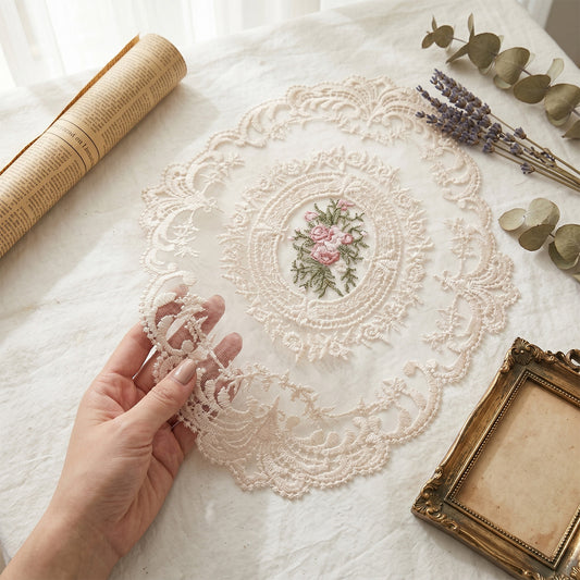 2 Pack Lace Placemats, Retro French Crochet Doilies for Furniture Table Mats Handmade Embroidered Floral Beige Placemats for Dining, Wedding, and Home Decoration, 11.5x15 Inch