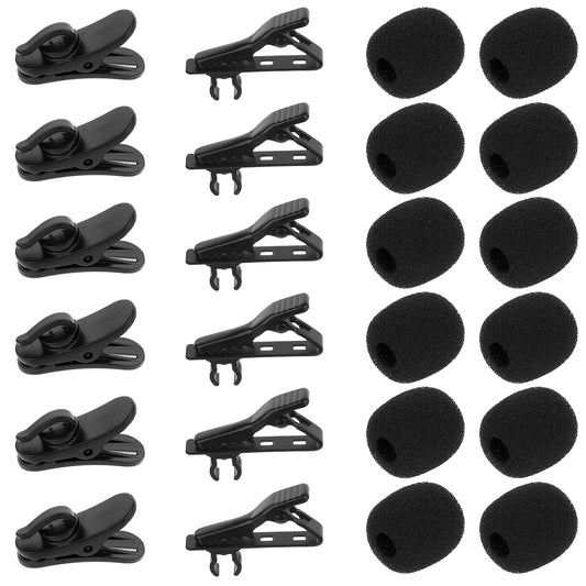 24PCS Lapel Microphone Clips Replacement Kit, 6PCS Lavalier Microphone Metal Tie Clips 12PCS Foam Windscreen Cover 6PCS Plastic Lavalier Wire Clips, Lapel Microphone Clips Cover Kit for Interview Vide