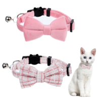 2 Pack Cute Cat Collars for Girl Cats Pink Kitten Bowtie Collar with Bells Breakaway Safety Collars Plaid Solid Color Gift Pet Collar Set Festive for Female Cats